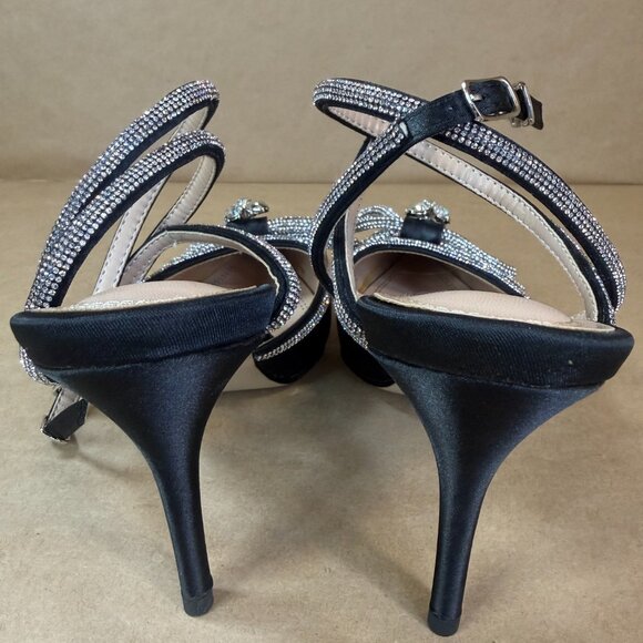 Hayixia Black Satin Rhinestone Bow Pointed Toe Ankle Strap Kitten Heels Sz. 7.5 - Picture 3 of 15